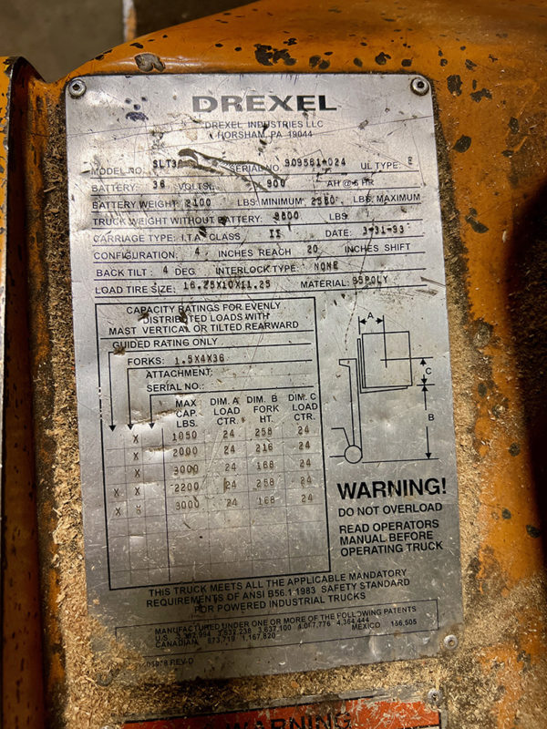 Drexel SLT30 Data Plate
