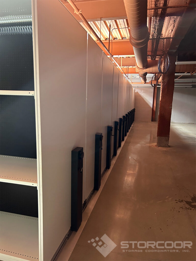 High-density mechanical mobile shelving for stockroom